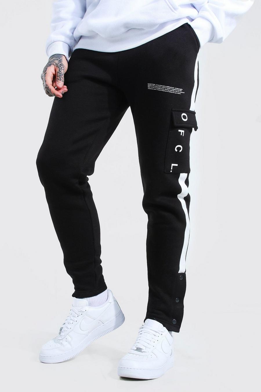 שחור מכנסי ריצה Official בסגנון דגמ"ח עם תיקתקים וסרט בצדדים image number 1