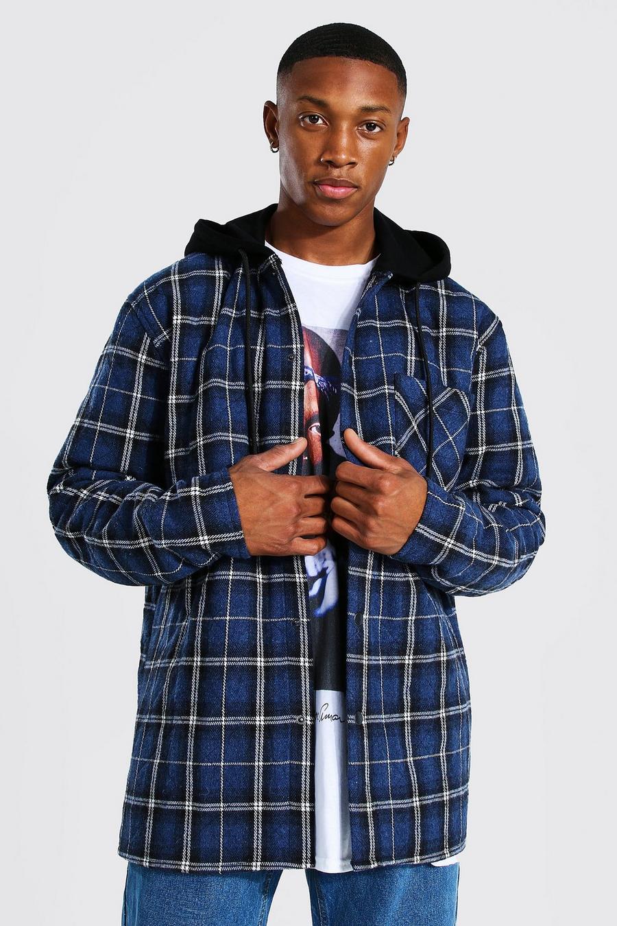 Navy Quilted Utility Flannel Overshirt With Hood image number 1