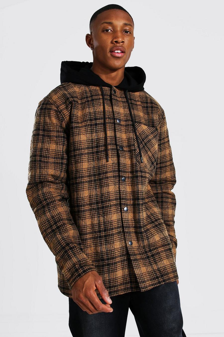 Brown Quilted Utility Check Overshirt With Hood image number 1