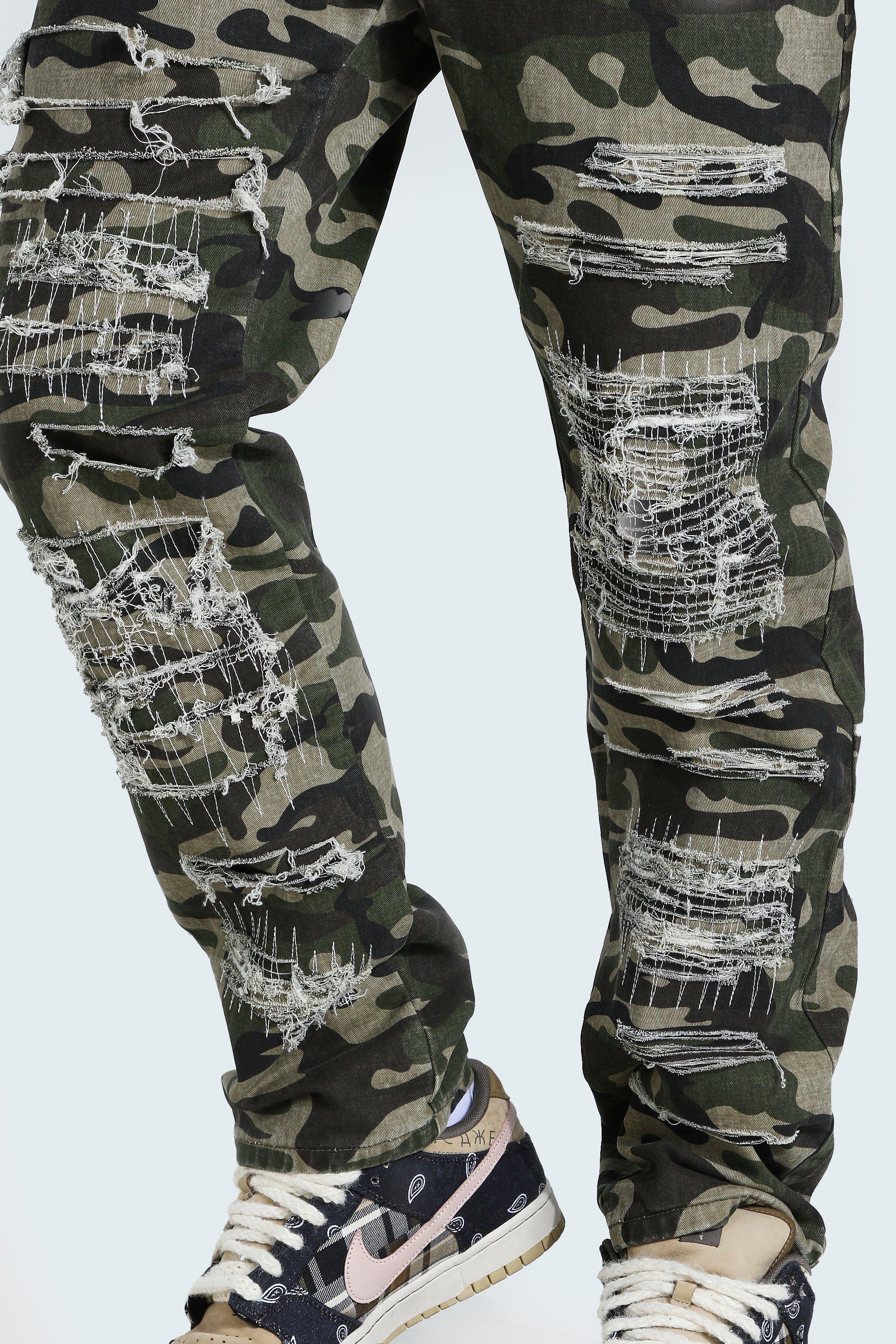 Tapered Stacked Leg Camo Shredded Jean