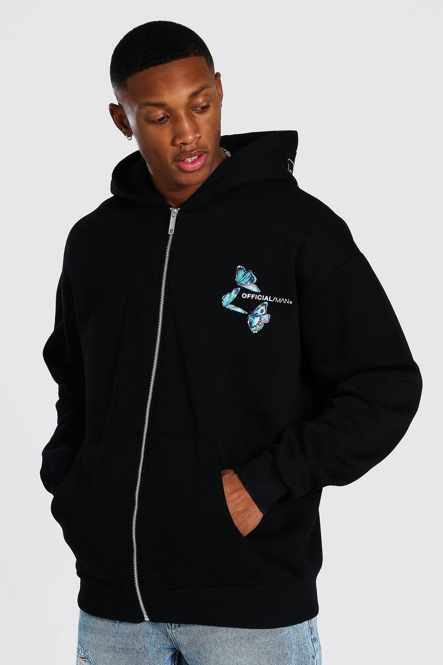 Black Oversized Hood Print Zip Through Hoodie image number 1