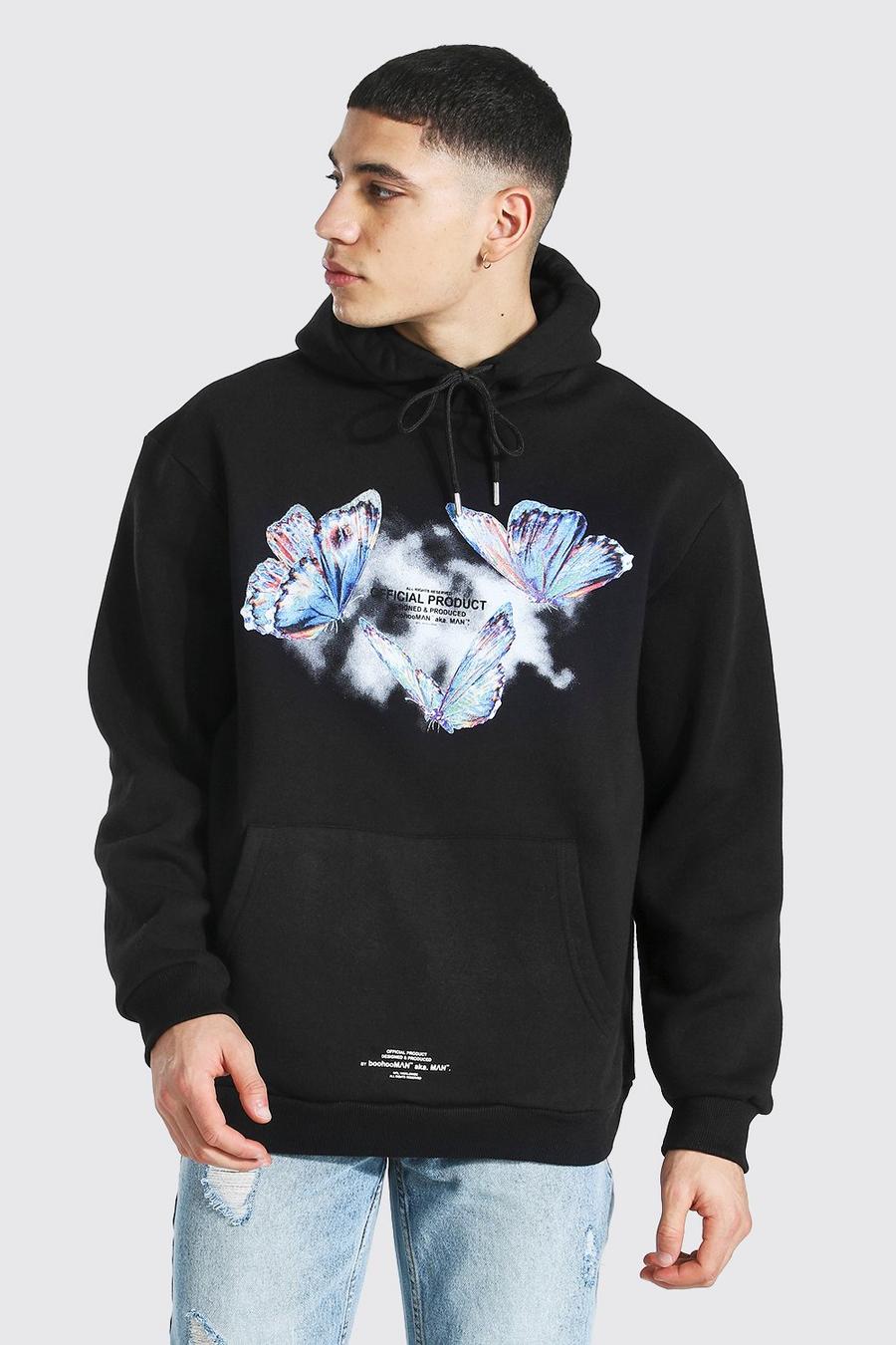 Black Oversize hoodie med fjärilar och rök image number 1