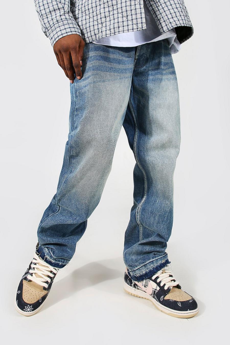 כחול עתיק ג'ינס בגזרה ישרה מבד קשיח עם קרעים במכפלת image number 1