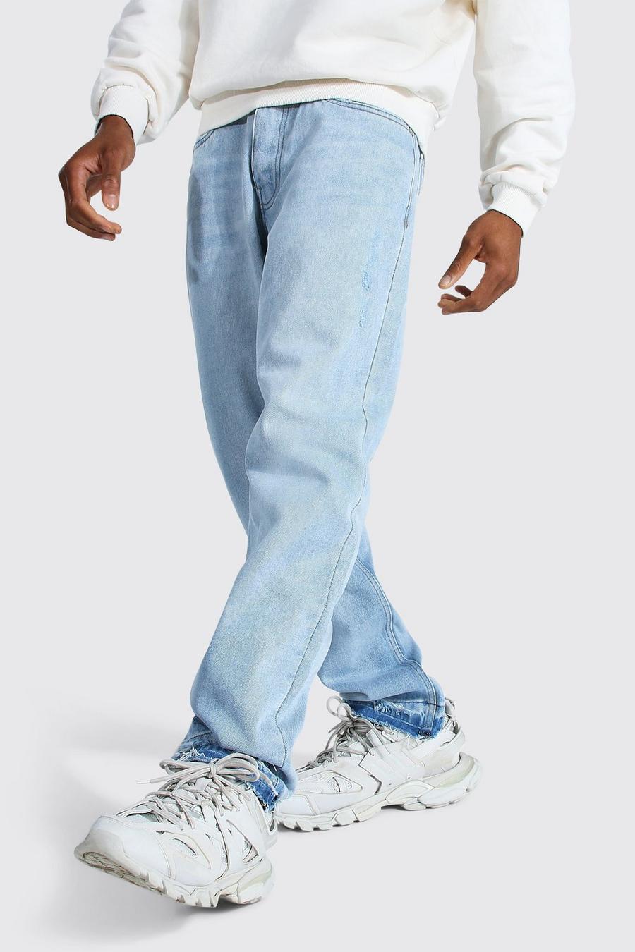 כחול קרח ג'ינס בגזרה ישרה מבד קשיח עם קרעים במכפלת image number 1