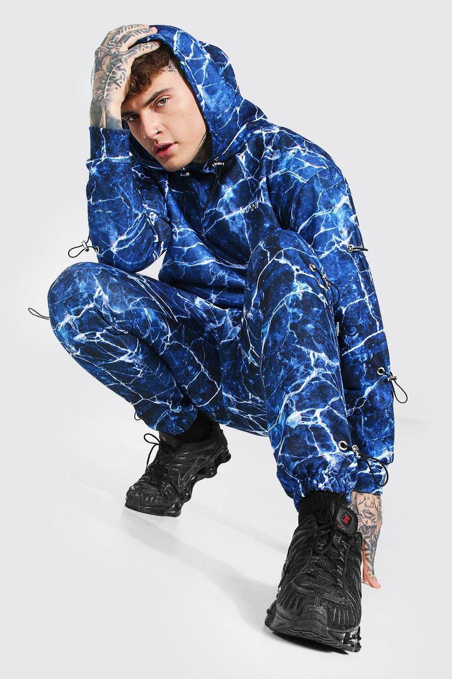 Trainingsanzug mit Marmor-Print und Halstuchringapplikation in Übergröße, Blau image number 1