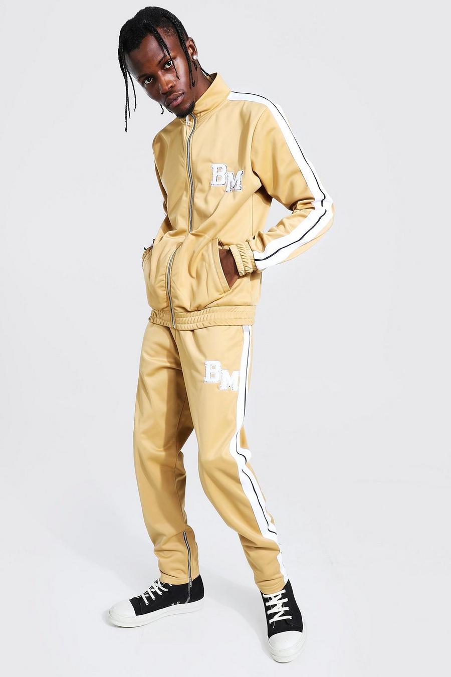 Taupe Slim Fit BM Tricot Tape Funnel Tracksuit image number 1