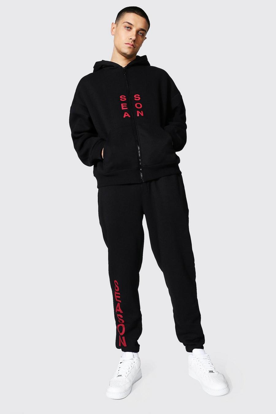 Black MAN Oversize träningsoverall med hoodie och dragkedja image number 1