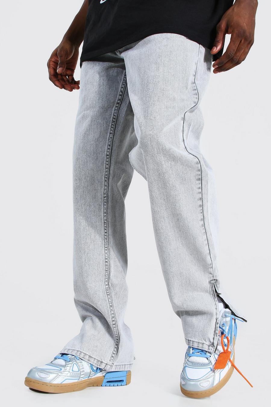 אפור קפוא ג'ינס בגזרה ישרה עם רוכסן בצד image number 1