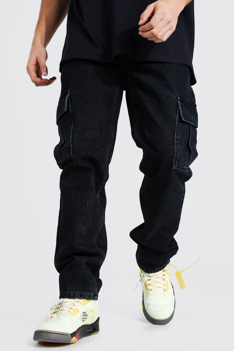 Washed black Jeans med raka ben, cargofickor och dragkedjor image number 1