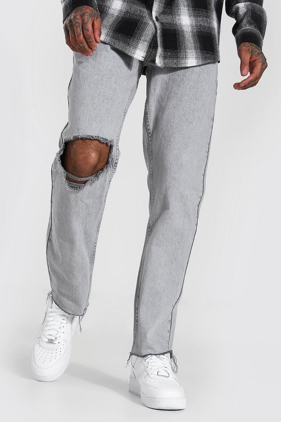 אפור קפוא ג'ינס בגזרה ישרה עם קרעים גדולים בברכיים ומכפלת פרומה image number 1