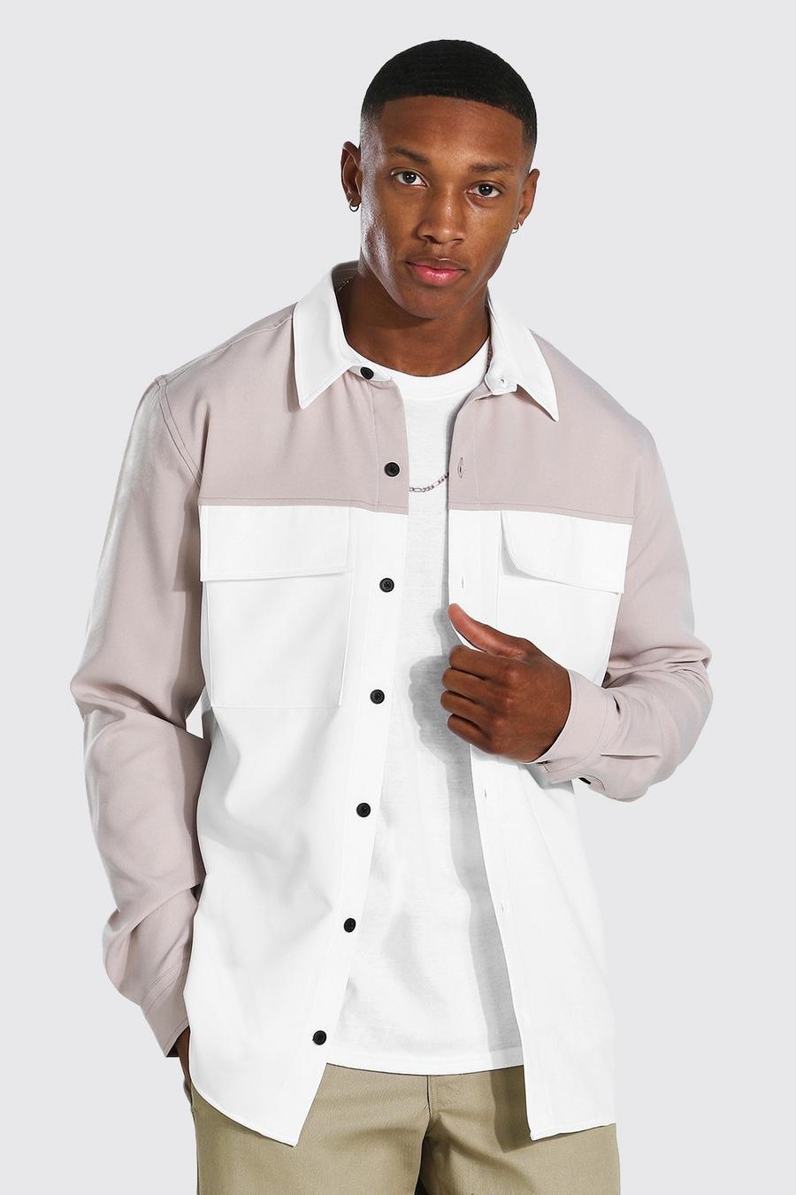 Taupe Överskjorta med utilityfickor och blockfärger image number 1