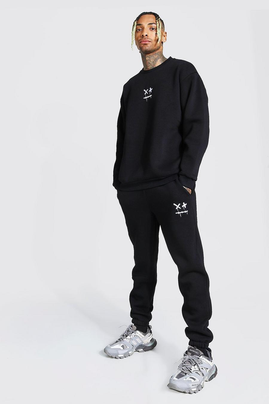 Black Oversized Drip Face Embroidered Sweater Tracksuit image number 1