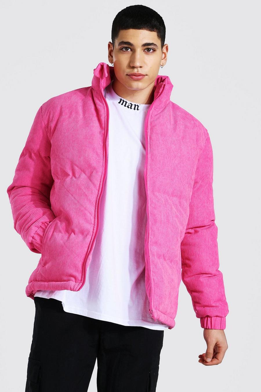 Pink Corduroy Funnel Neck Puffer Jacket image number 1