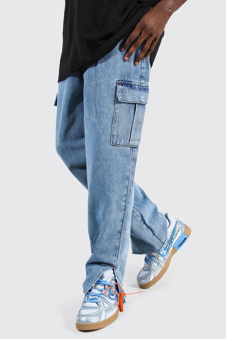 Ice blue Jeans med cargofickor, slitsar och ledig passform image number 1