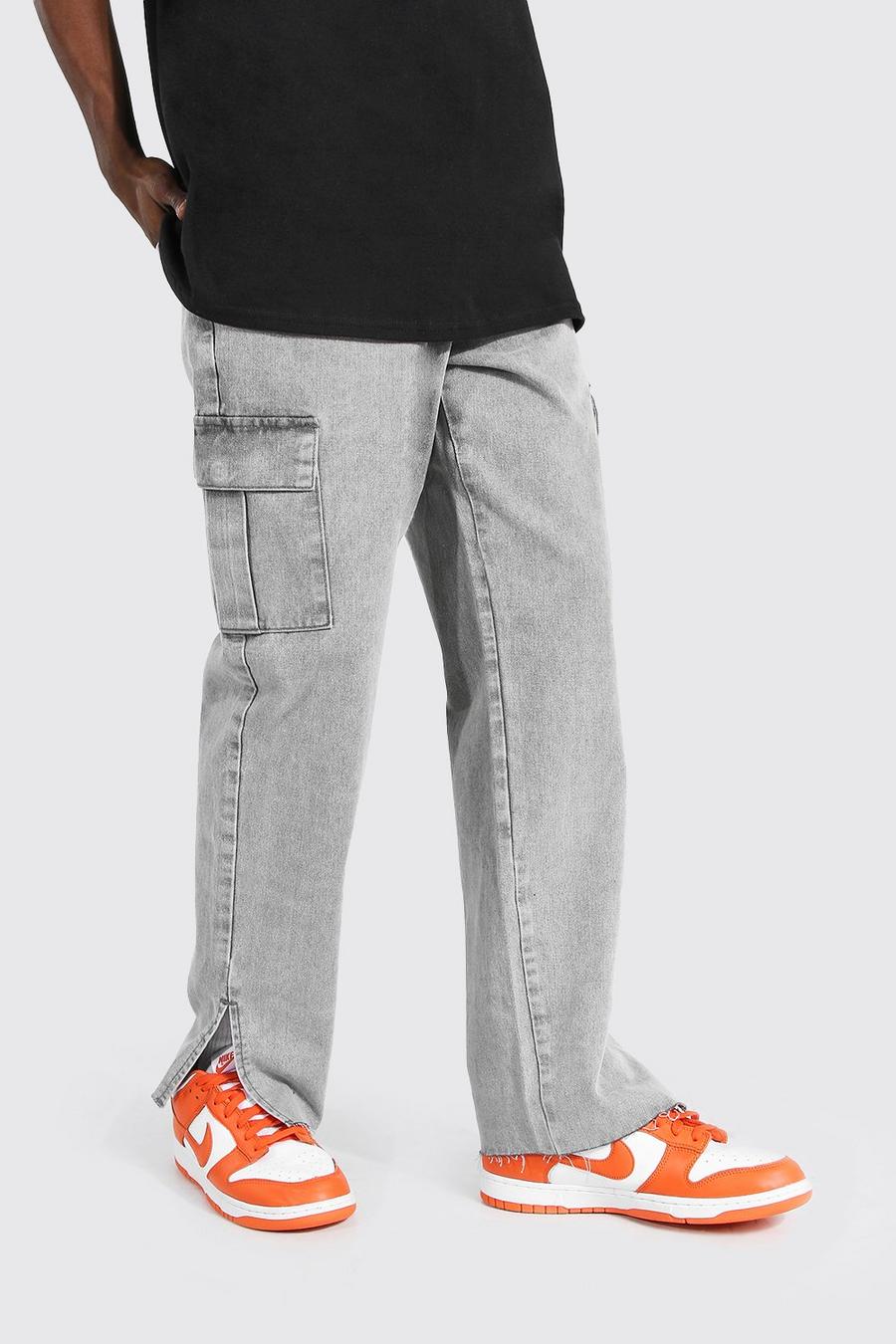 Ice grey Jeans med cargofickor, slitsar och ledig passform image number 1