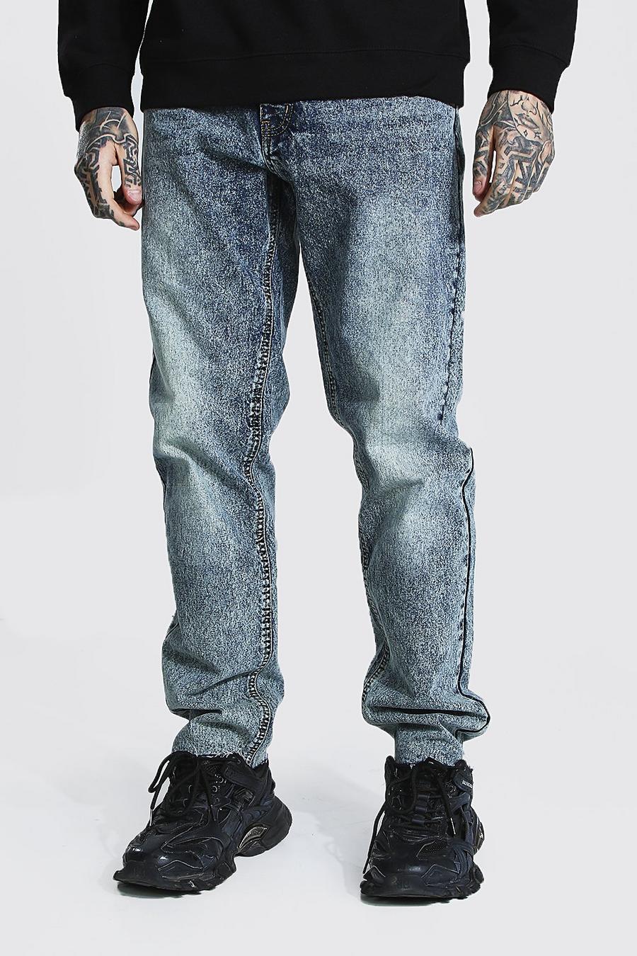 כחול עתיק ג'ינס בגזרה ישרה עם קרעים במכפלת image number 1