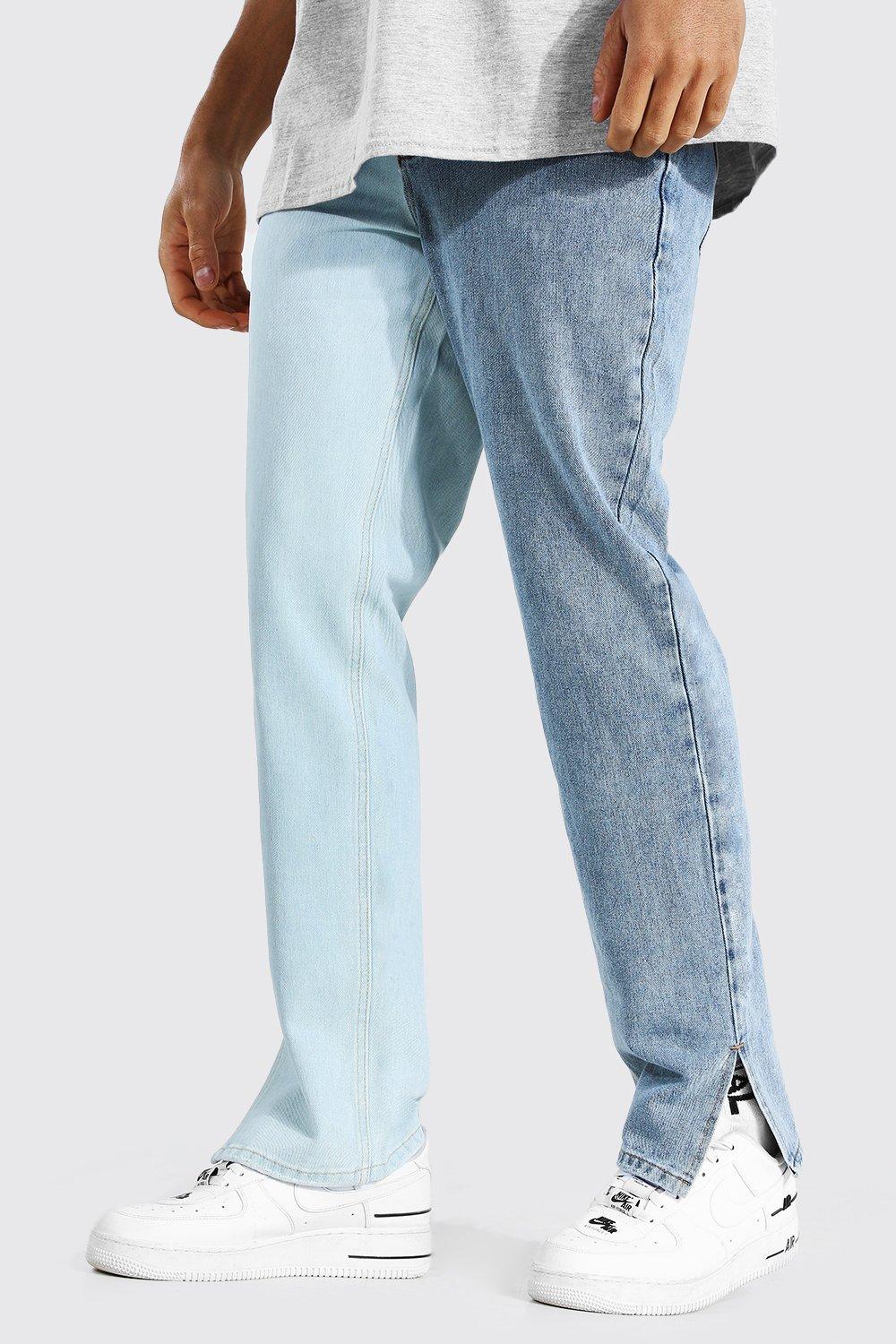 Men's Straight Leg Split Hem Spliced Jeans | Boohoo UK