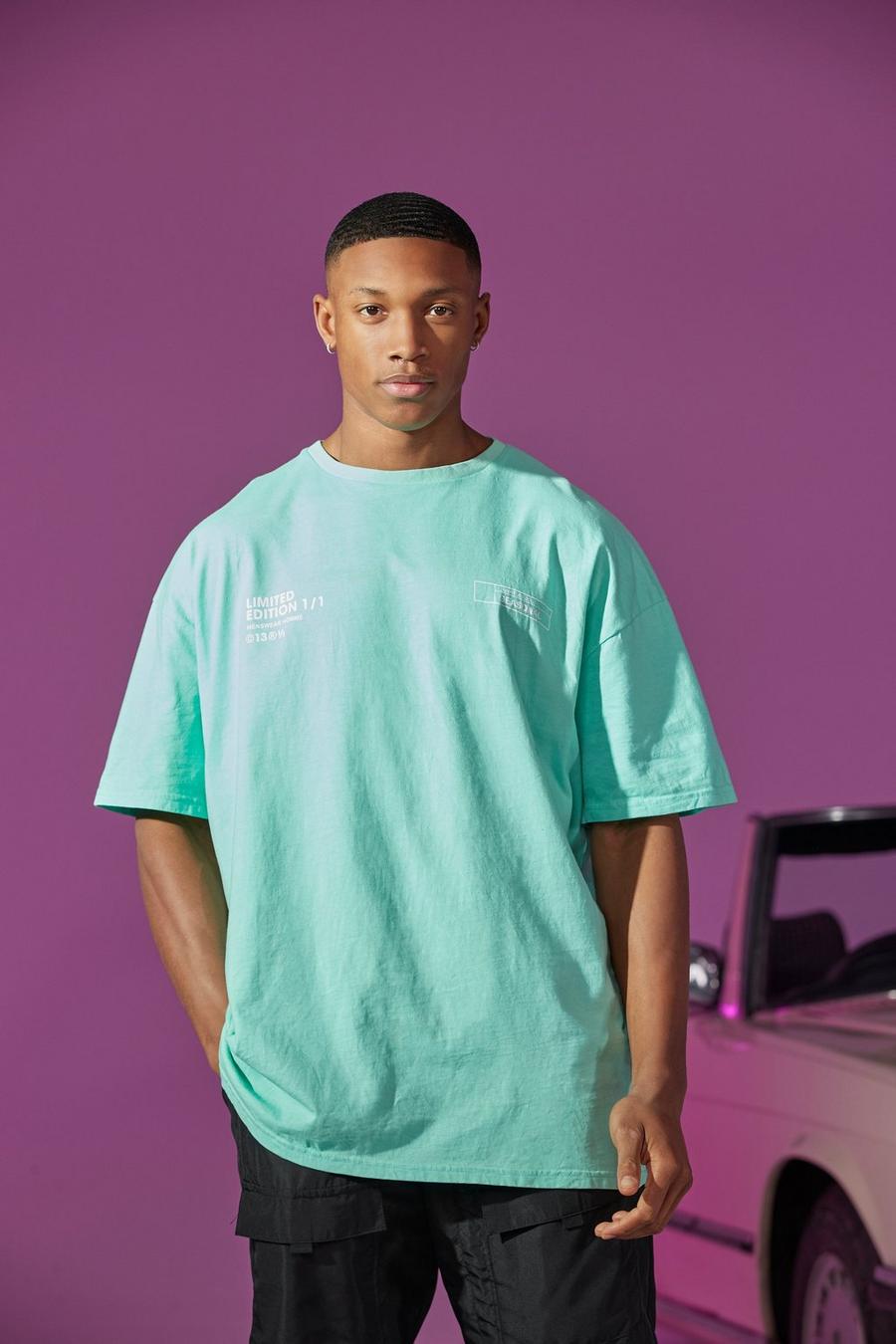 Printed T-Shirt mit Überfärbung in Übergröße, Grün image number 1