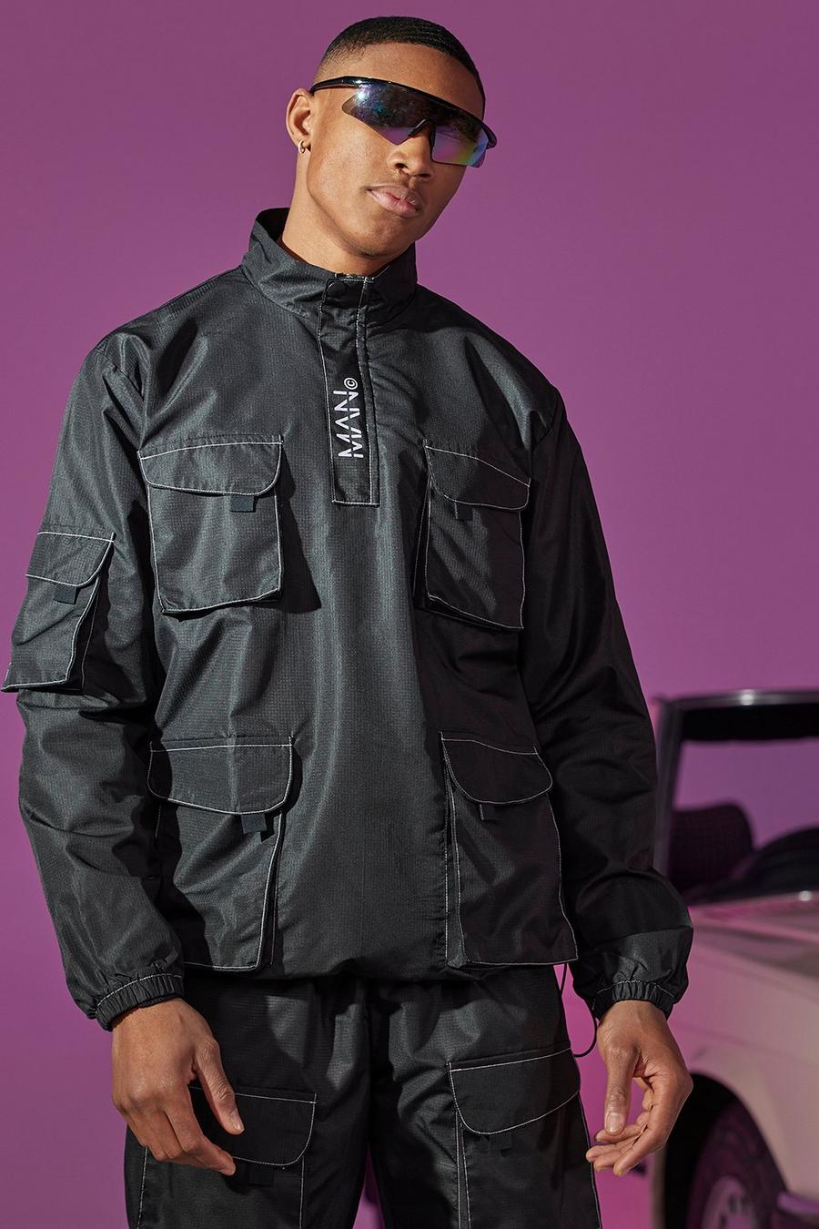 Black Utility Cagoule With Exposed Stitching image number 1
