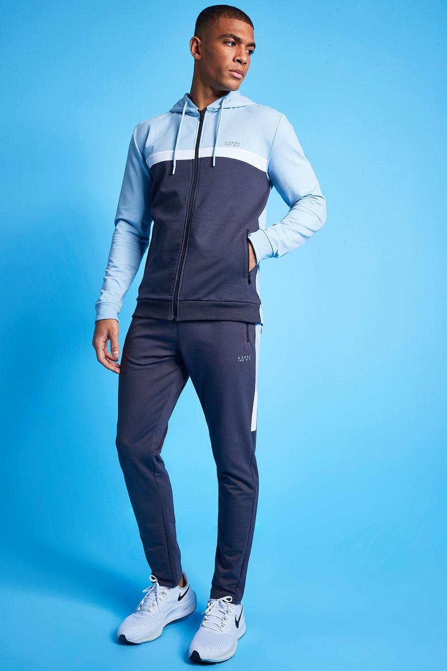 MAN Active Trainingsanzug im Colorblock-Design mit Kapuze und Reißverschluss, Blassblau image number 1