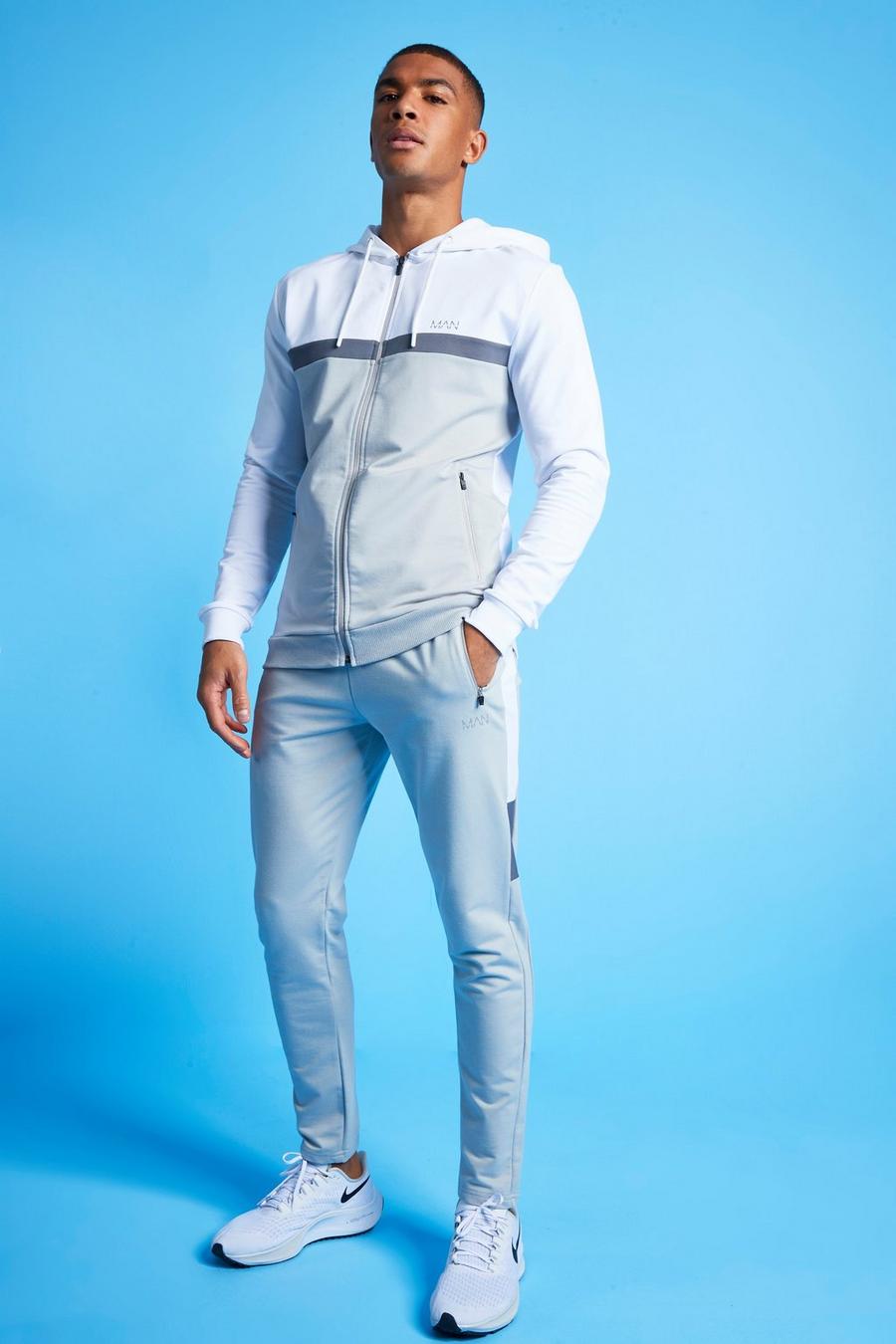White MAN Active Colour Blocked Hooded ZipTracksuit image number 1