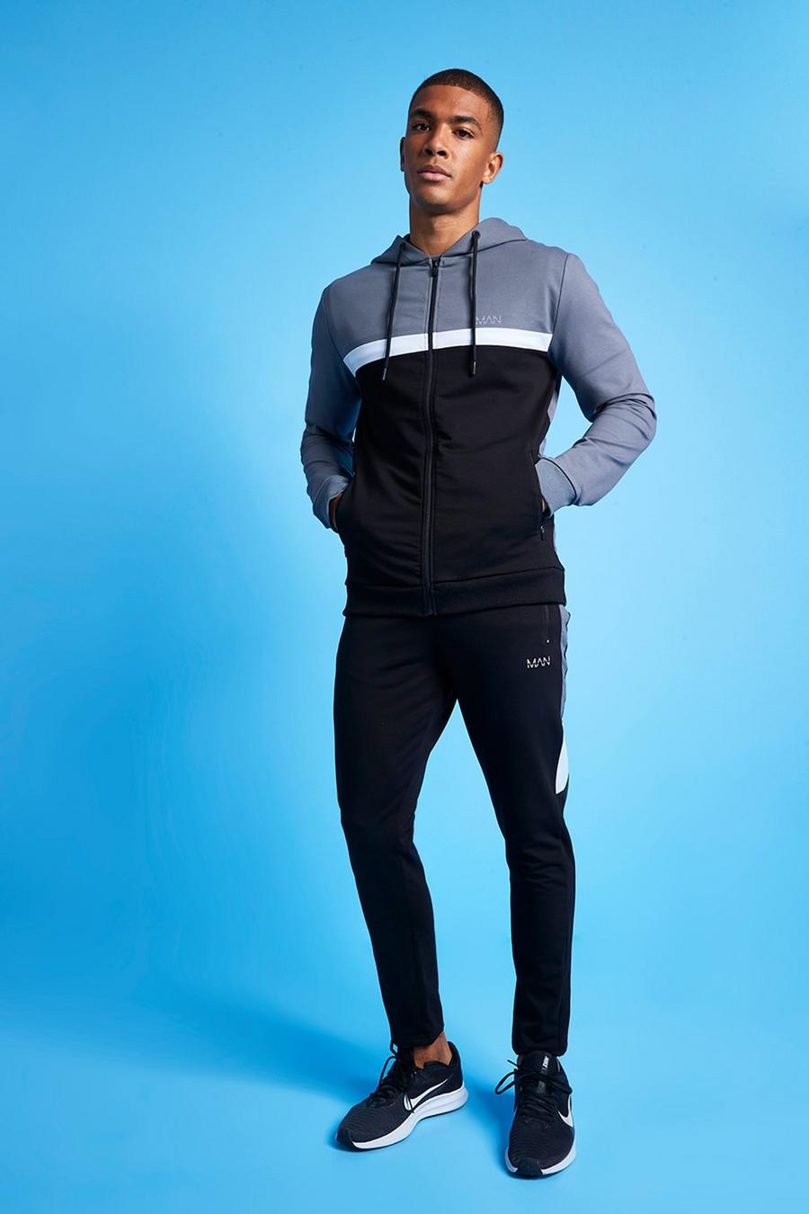 Charcoal MAN Active Colour Blocked Hooded Zip Tracksuit image number 1