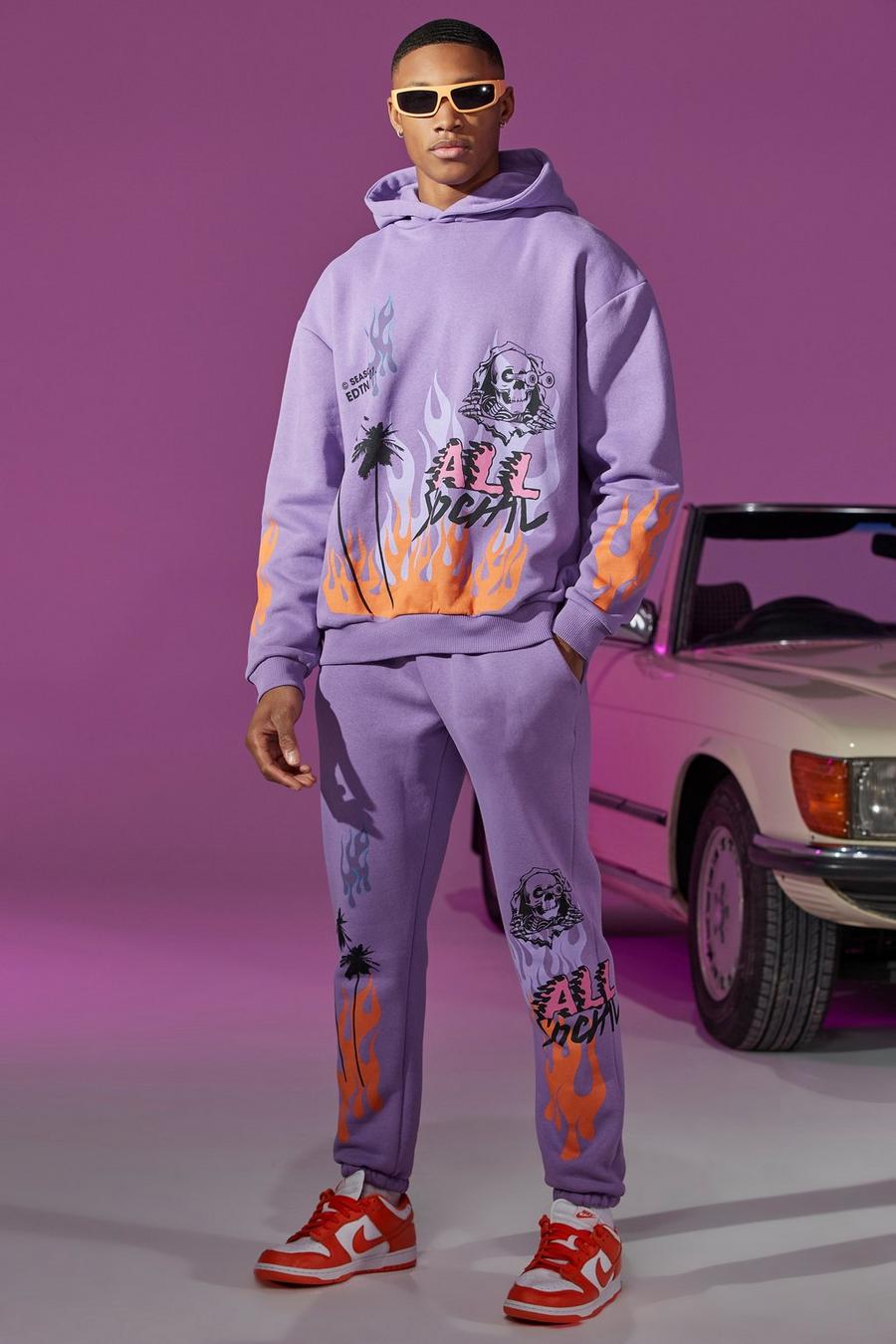 Purple Oversized Flame Print Hooded Tracksuit With Tab image number 1
