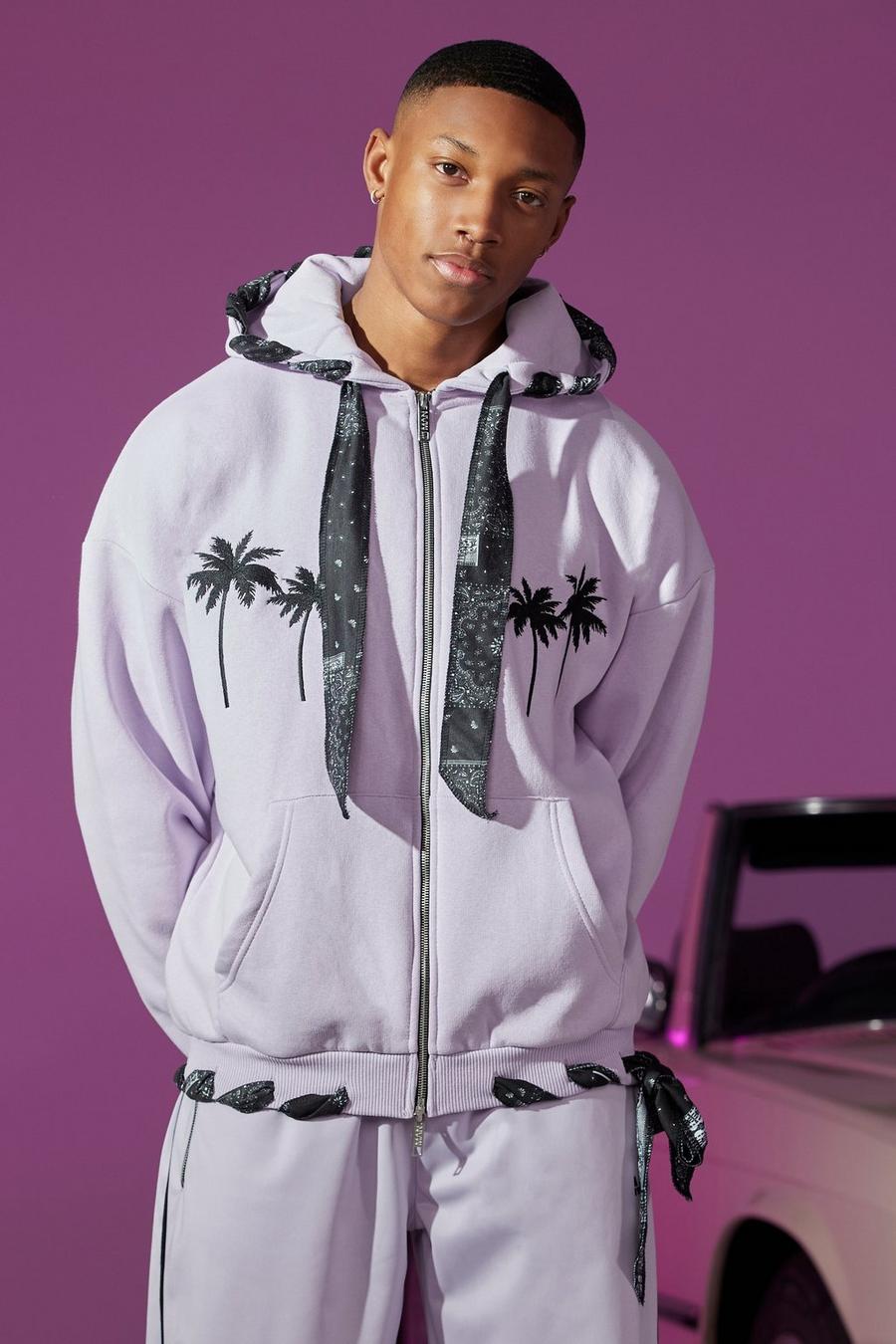 Lilac Oversized Zip Through Hoodie With Bandana Lining image number 1