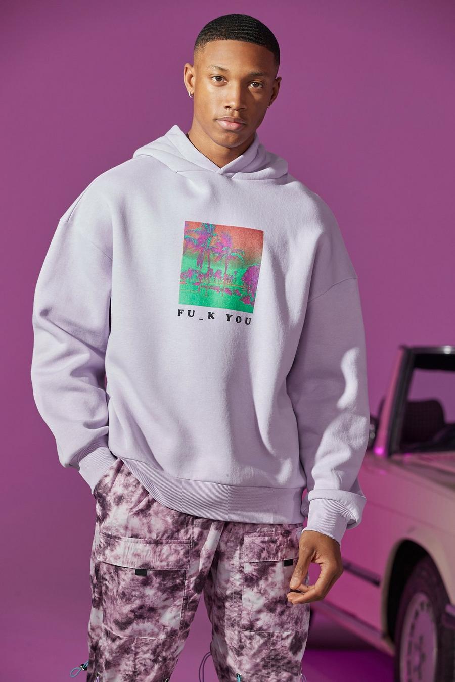 Lilac morado Oversized Fu_k Front And Back Print Hoodie image number 1