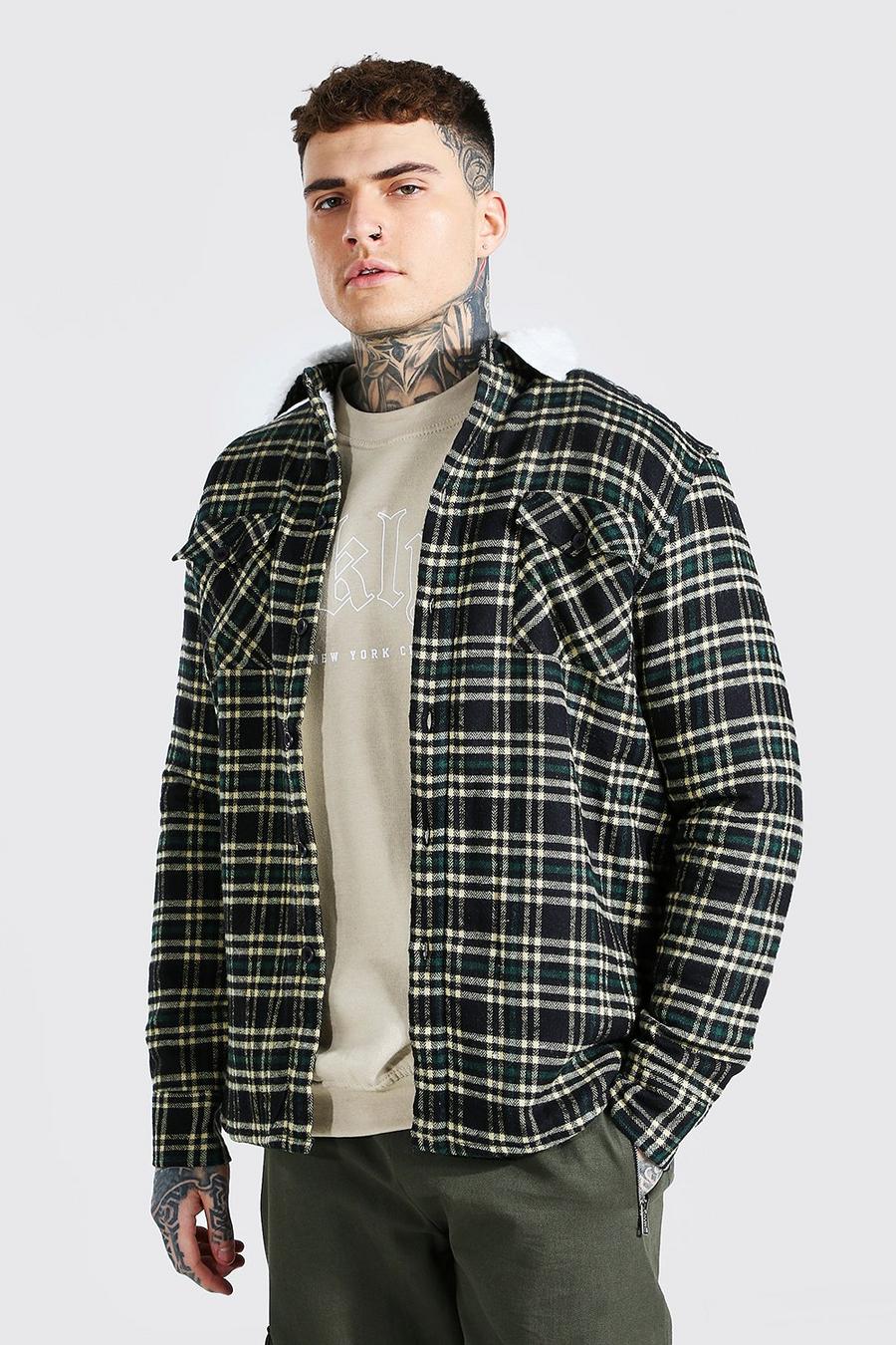 Teal Quilted Check Overshirt With Borg Lining image number 1