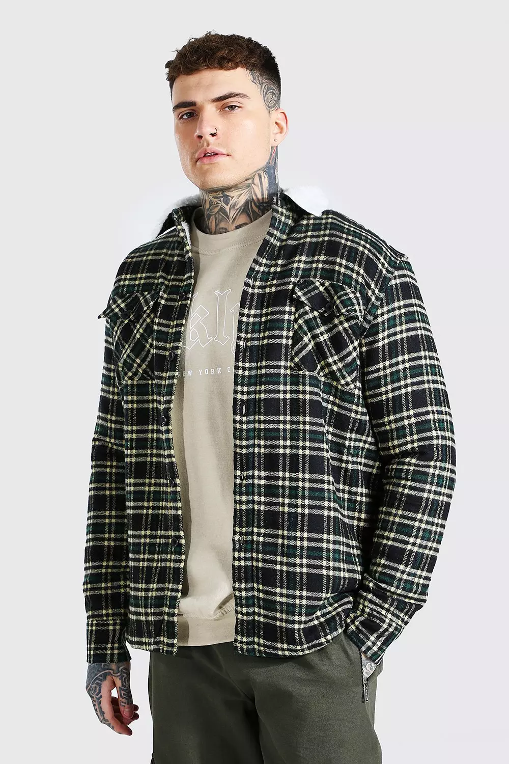 Teal Quilted Check Overshirt With Borg Lining alternative image