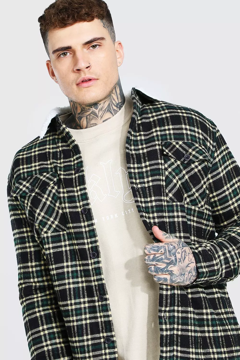 Teal Quilted Check Overshirt With Borg Lining alternative image