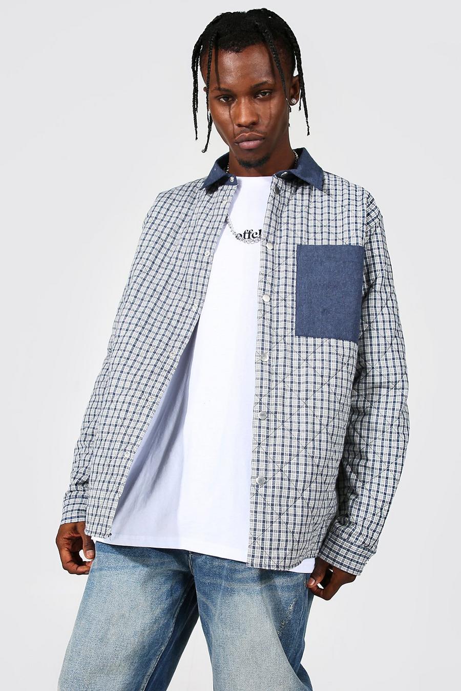 Navy Quilted Checked Overshirt With Contrast Pocket image number 1