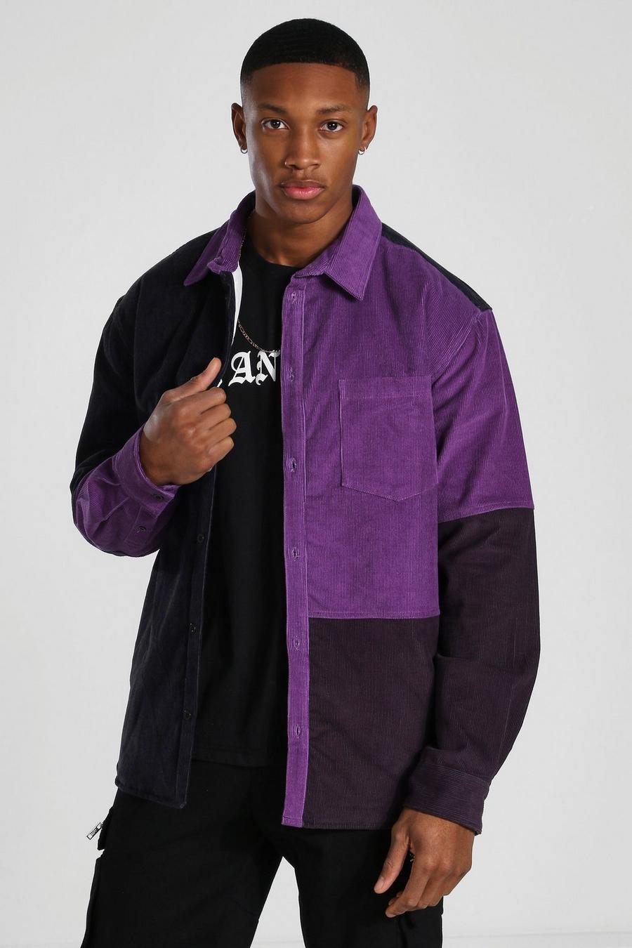 Purple Quilted Colourblock Cord Overshirt image number 1