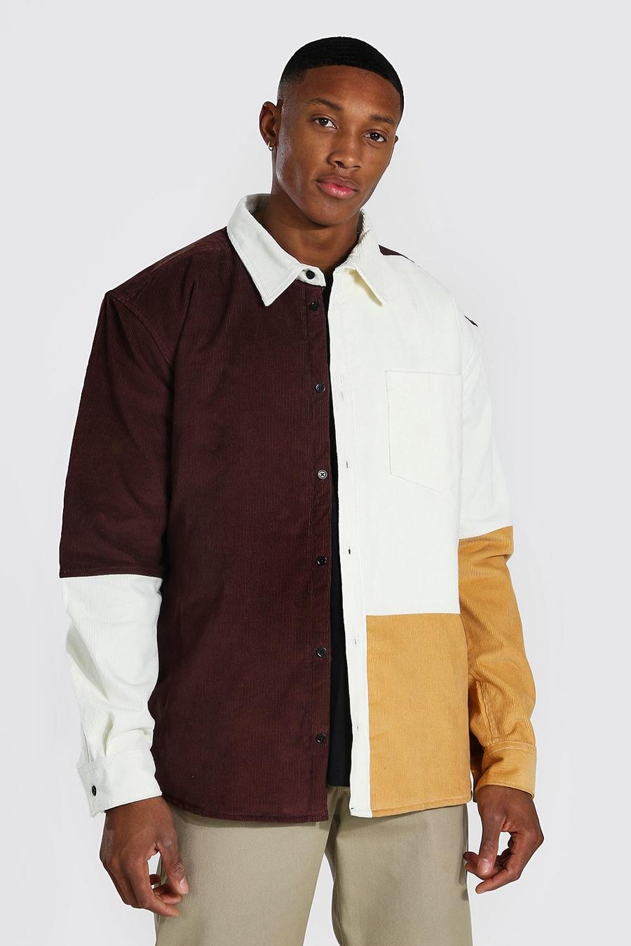 Brown Gewatteerd Corduroy Colour Block Overhemd Met Stiksels image number 1