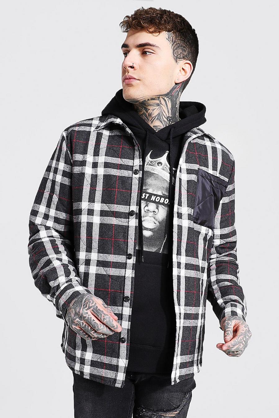 Black svart Quilted Check And Nylon Mix Overshirt image number 1