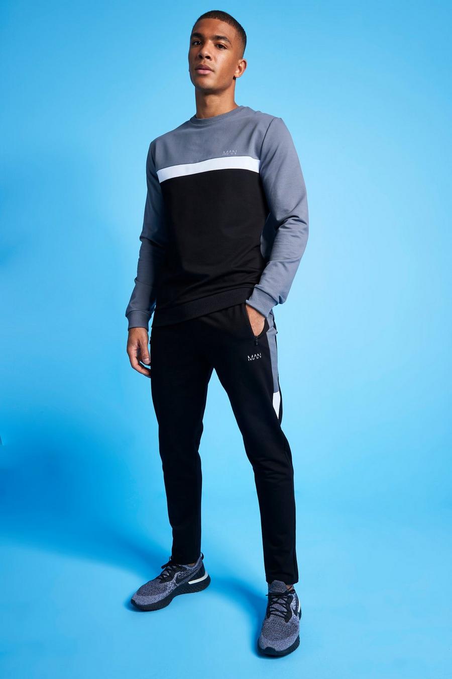 Charcoal MAN Active Colour Blocked Sweatshirt Tracksuit image number 1