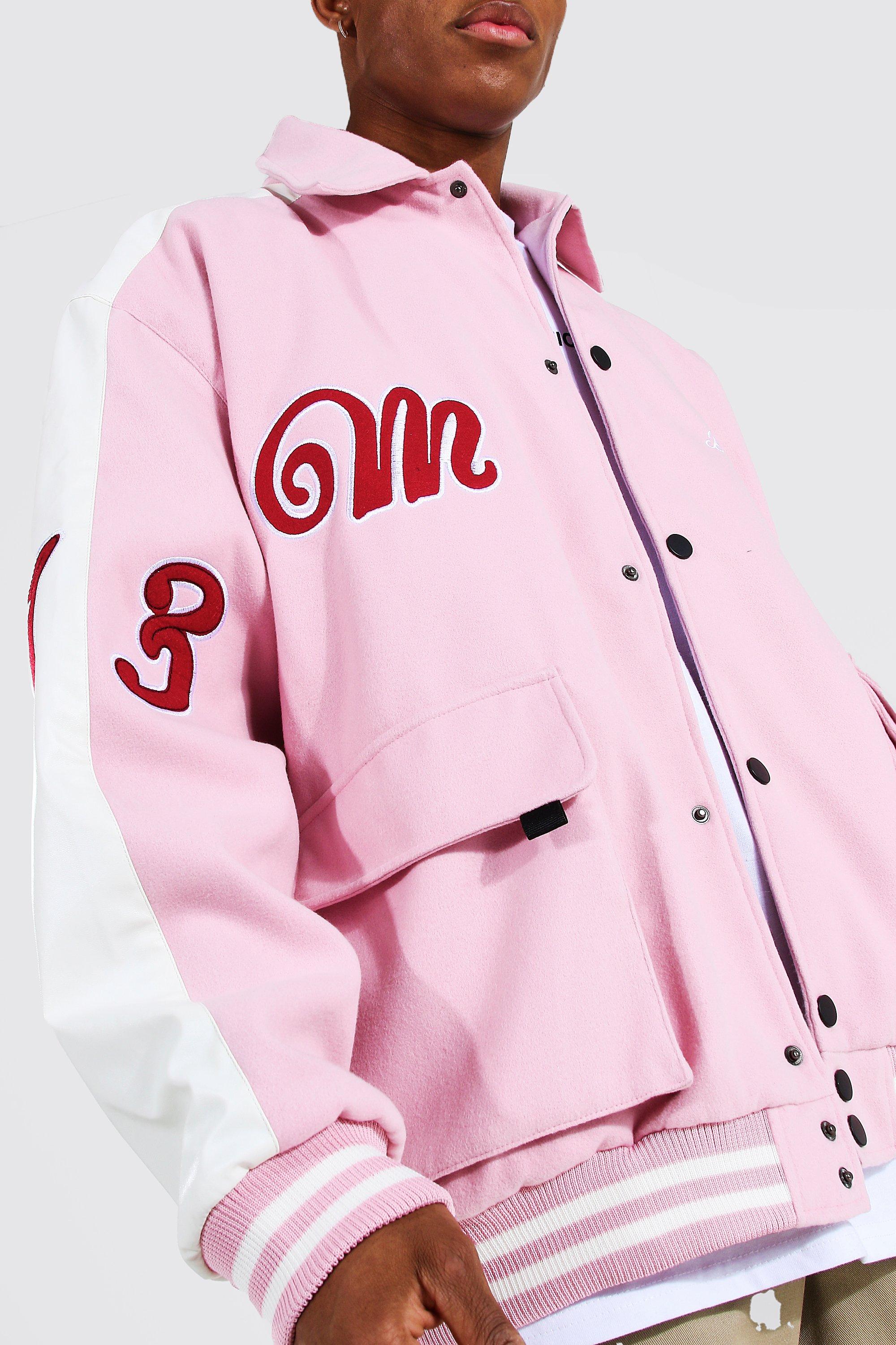 boohoo pink varsity jacket