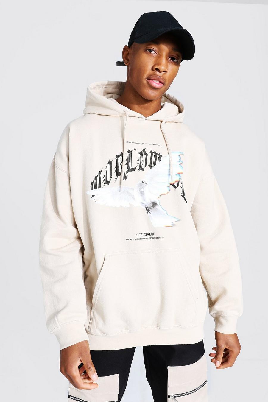 Sand "Worldwide" Oversize hoodie med tryck och duva image number 1