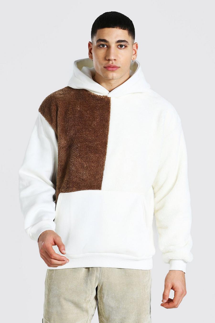 Brown Oversize hoodie i teddy med blockfärger image number 1