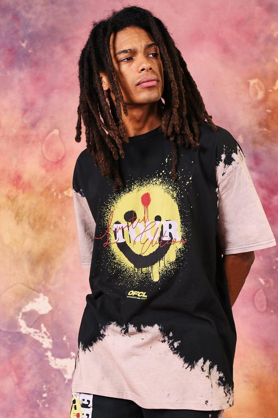 Black Oversized Tie Dye Smiley Tour T-Shirt image number 1