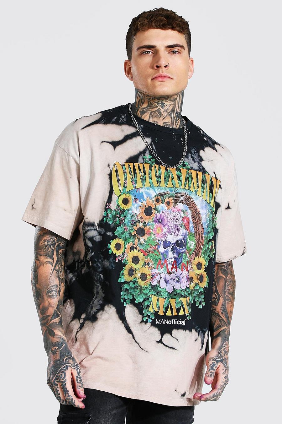 Camiseta ancha desteñida con estampado floral Man, Negro image number 1