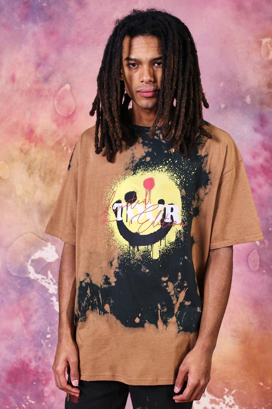 Brown Oversized Tie Dye Smiley Tour T-Shirt image number 1