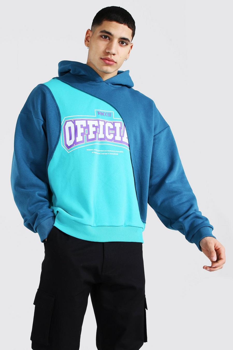 Teal Oversized Official Print Spliced Hoodie image number 1