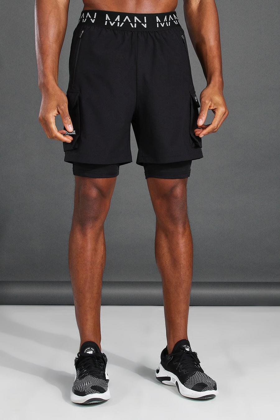Zwart Man Active 2-In-1 Shorts Met Cargo Zakken image number 1