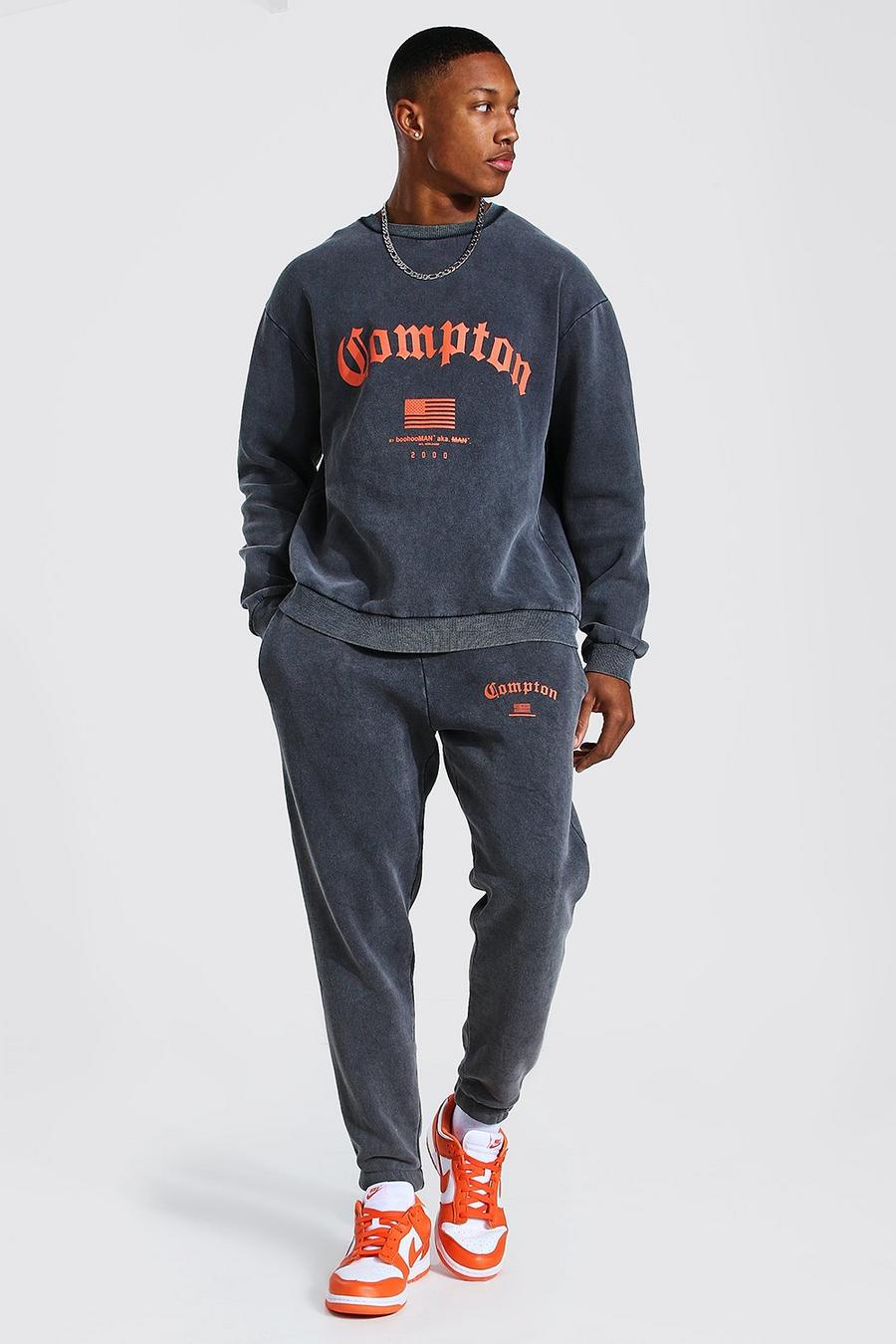 Charcoal grey Oversized Compton Acid Wash Sweater Tracksuit image number 1