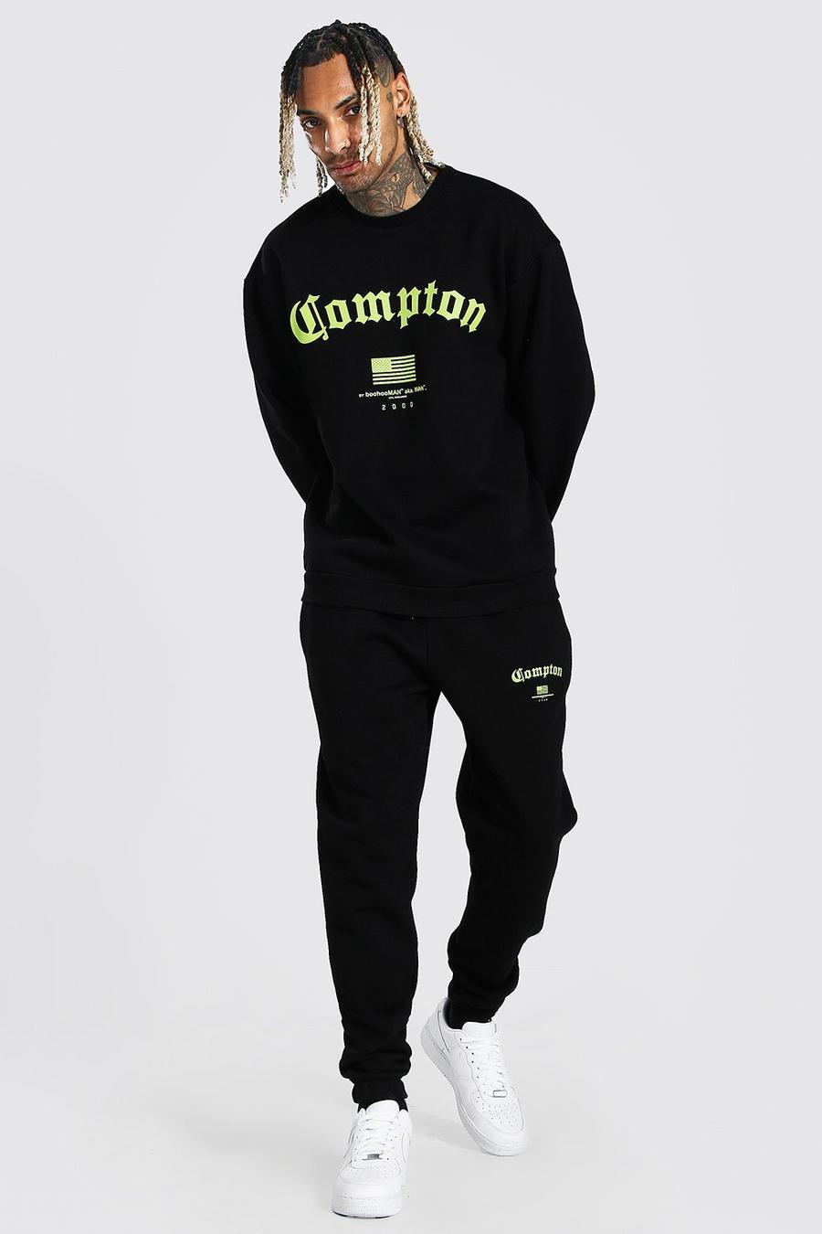 Black "Compton" Oversize träningsoverall med sweatshirt och tryck image number 1