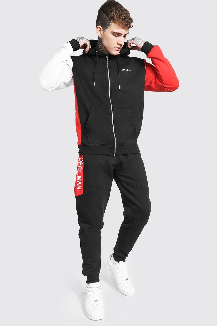 Red Official Man Colour Block Zip Hood Tracksuit image number 1