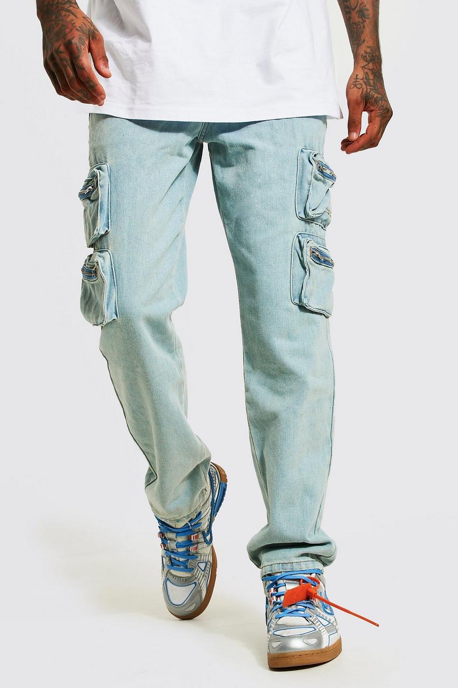 Light blue Relaxed Fit Rigid Zip Cargo Jeans image number 1