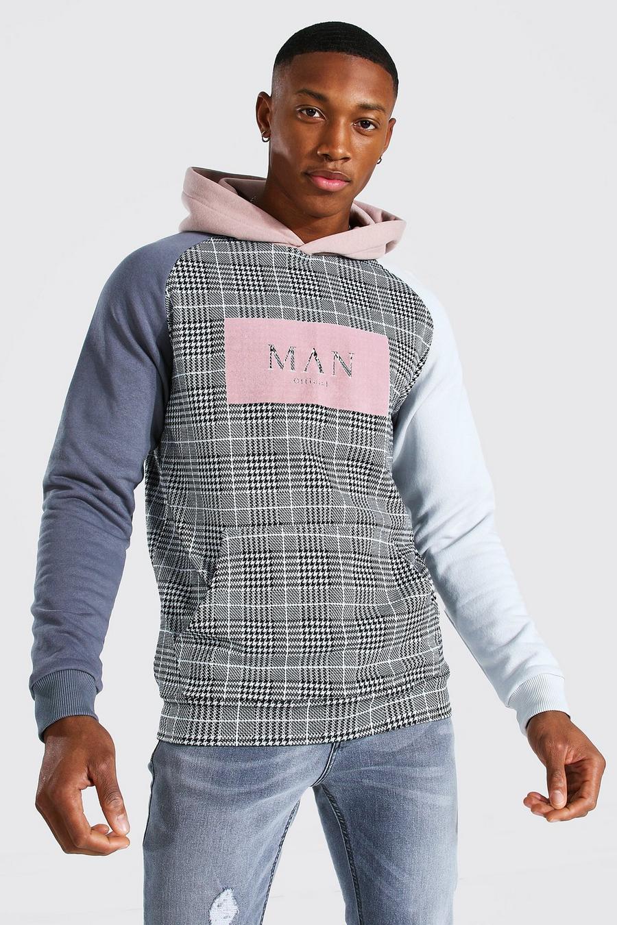 Grey Man Jacquard Colour Block Hoodie Met Tekst image number 1